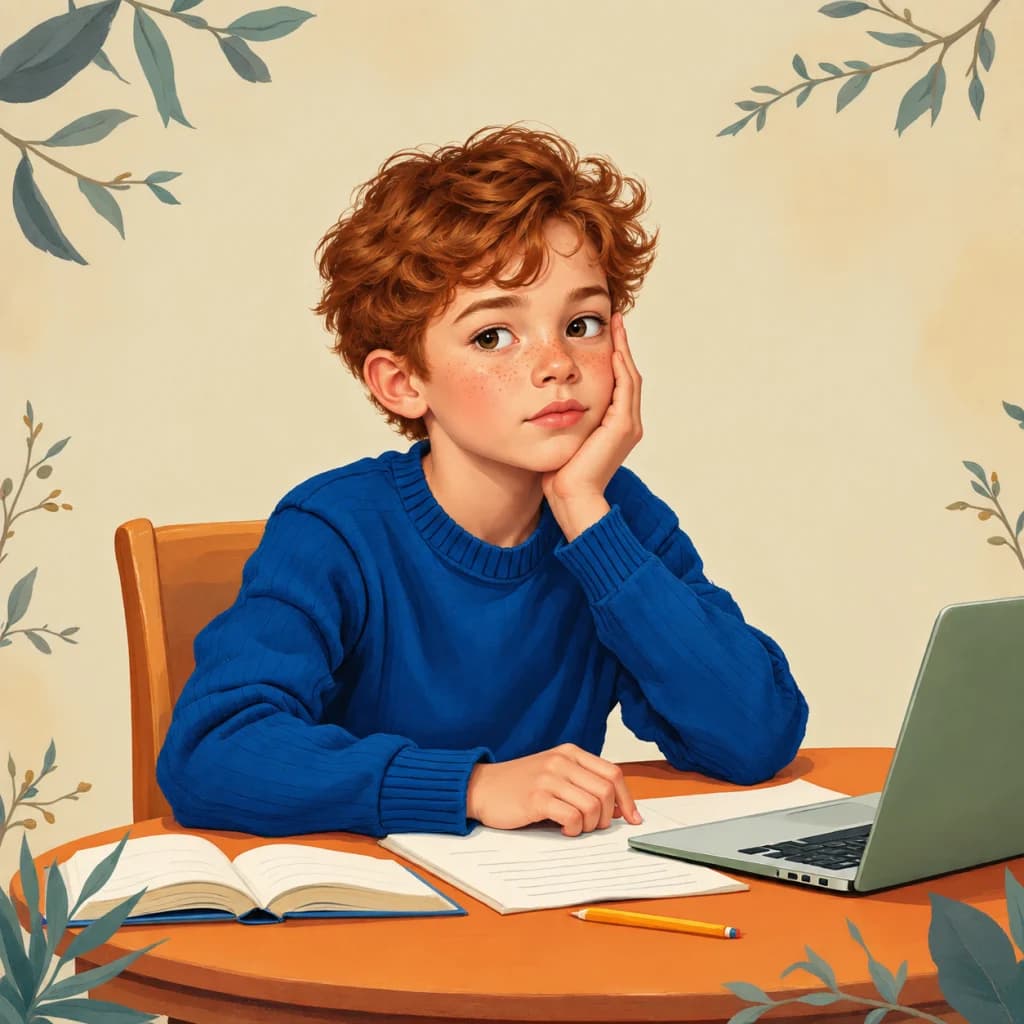 Geschilderde illustratie van een roodharig kind in een blauwe trui, met het hoofd op een hand aan een tafel met een schrift en een laptop.