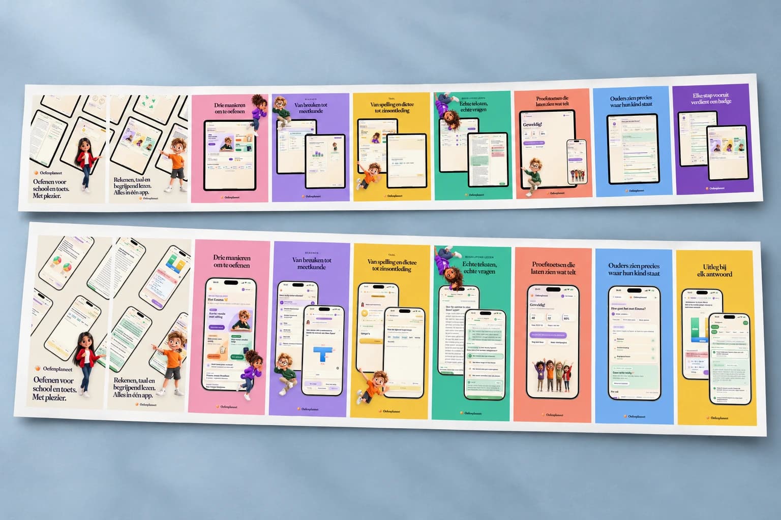 Twee samengestelde beeldstroken met de Oefenplaneet-app: boven de iPad-presentatie, onder de iPhone-presentatie, met oefenen, rekenen, taal, lezen en het ouderoverzicht.