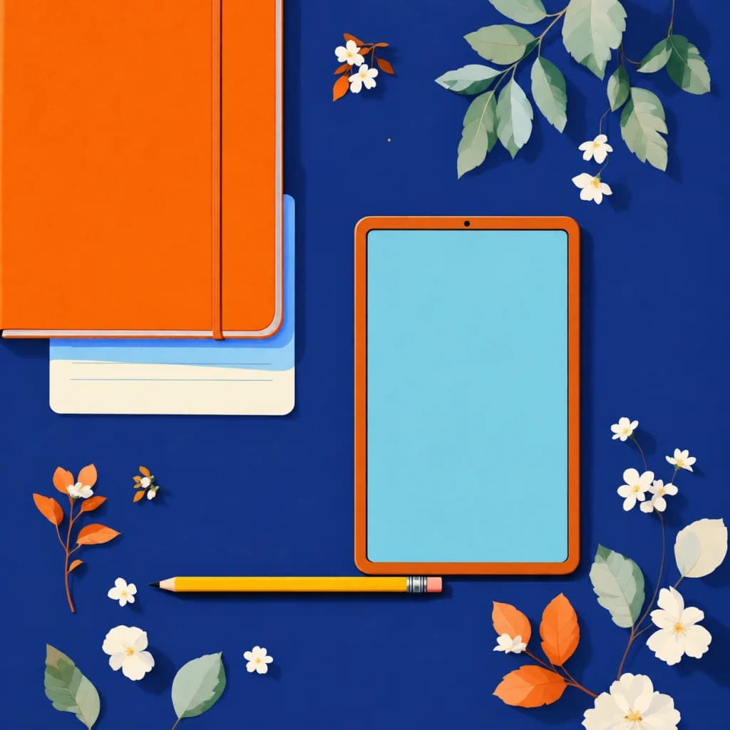 Geschilderd bovenaanzicht van schriften, een tablet in een oranje hoes en een geel potlood op een blauwe tafel, omringd door bladeren en bloemen.