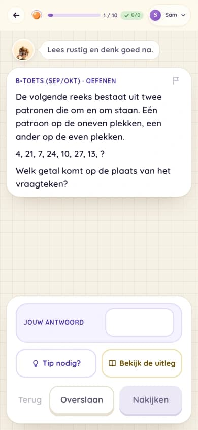Mobiele rekenvraag over twee afwisselende getallenpatronen, met daaronder het antwoordveld, Tip nodig en Bekijk de uitleg.