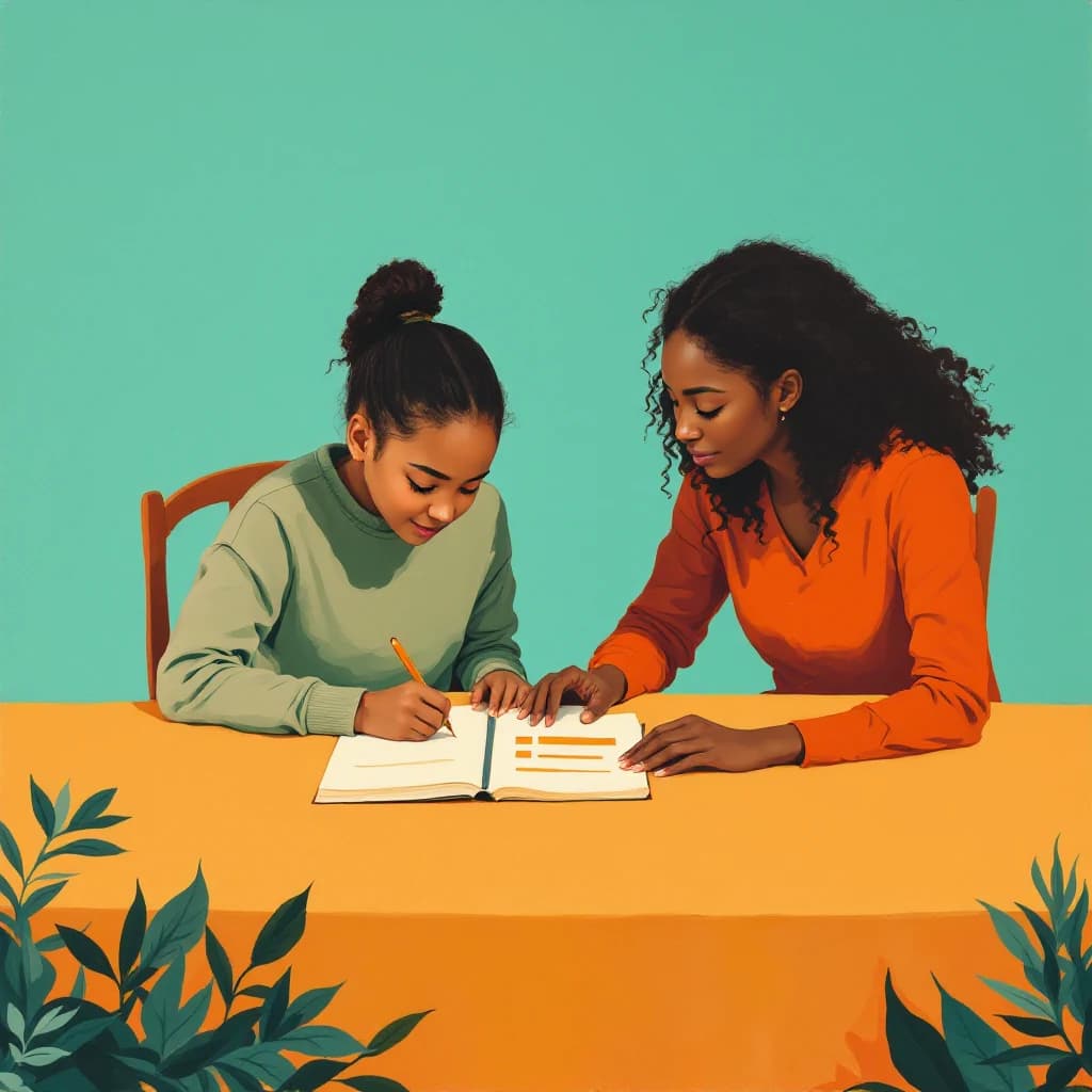 Geschilderde illustratie van een moeder en dochter die samen aan een gele tafel in een schrift werken, tegen een turquoise achtergrond met bladeren.
