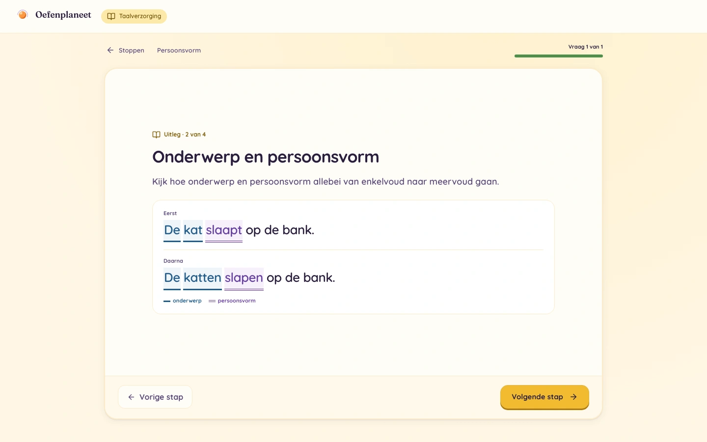 De kat slaapt op de bank wordt vergeleken met De katten slapen op de bank. Onderwerp en persoonsvorm zijn benoemd en onderstreept.